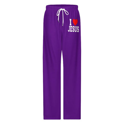 I Love Him Women's Christian  Faux Cotton Drawstring Wide Leg Pajama Pants