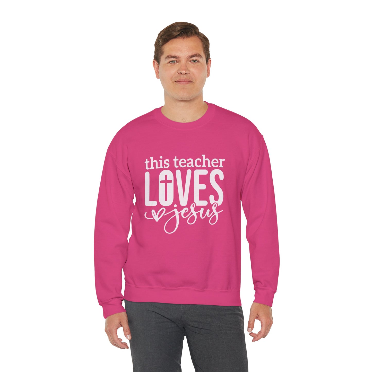 This Teacher Loves Jesus Unisex Heavy Blend™ Crewneck Christian Sweatshirt