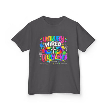 Youth Autism Awareness T-Shirt — "Uniquely Wired, Deeply Loved" Colorful Autism Pride Tee