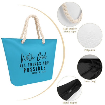 With God All Things Are Possible Christian Large Jute Tote Bag