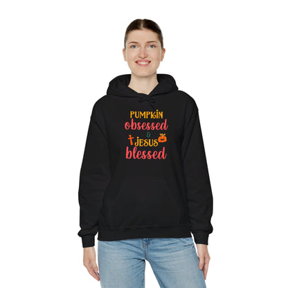 Pumpkin Obsessed And Blessed by Him Halloween Unisex Christian Pullover Hooded Sweatshirt
