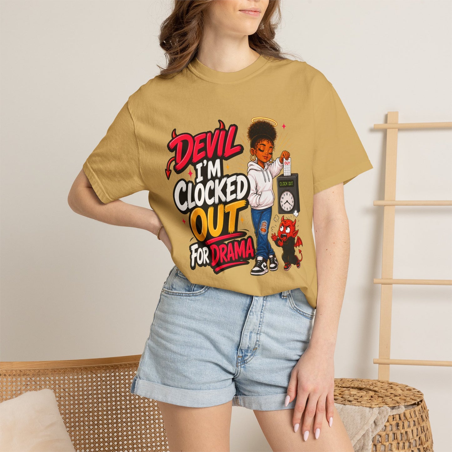 T-Shirt — "Devil I'm Clocked Out for Drama" Graphic Tee - ClaimedbyGodDesigns
