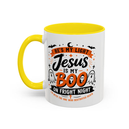 Christian Coffee Mug — "He's My Light, Jesus Is My Boo" Halloween Accent Mug