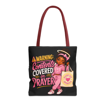 Tote Bag — "Warning: Contents Covered in Prayer" Pink Faith Tote - ClaimedbyGodDesigns