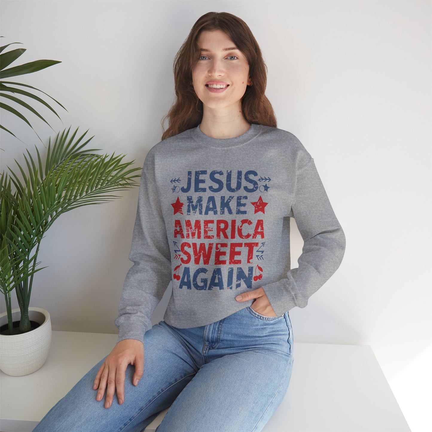 Jesus Make America Sweet Again Patriotic  Unisex Heavy Blend™ Crewneck Christian Sweatshirt