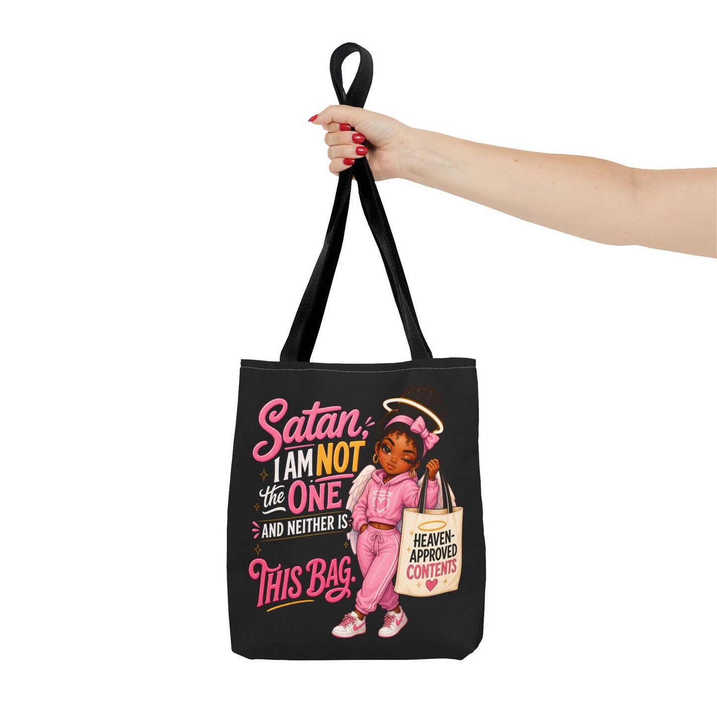 Tote Bag — "Satan I Am Not The One" Retro Angel Girl Tote (Heaven Approved Content) - ClaimedbyGodDesigns