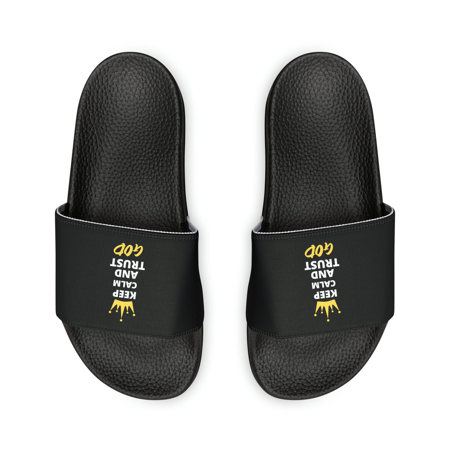 Keep Calm And Trust God Men's PU Christian Slide Sandals Printify