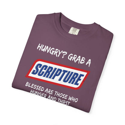 Scripture Snack T-Shirt — "Hungry? Grab a Scripture" Matthew 5:6 Christian Tee