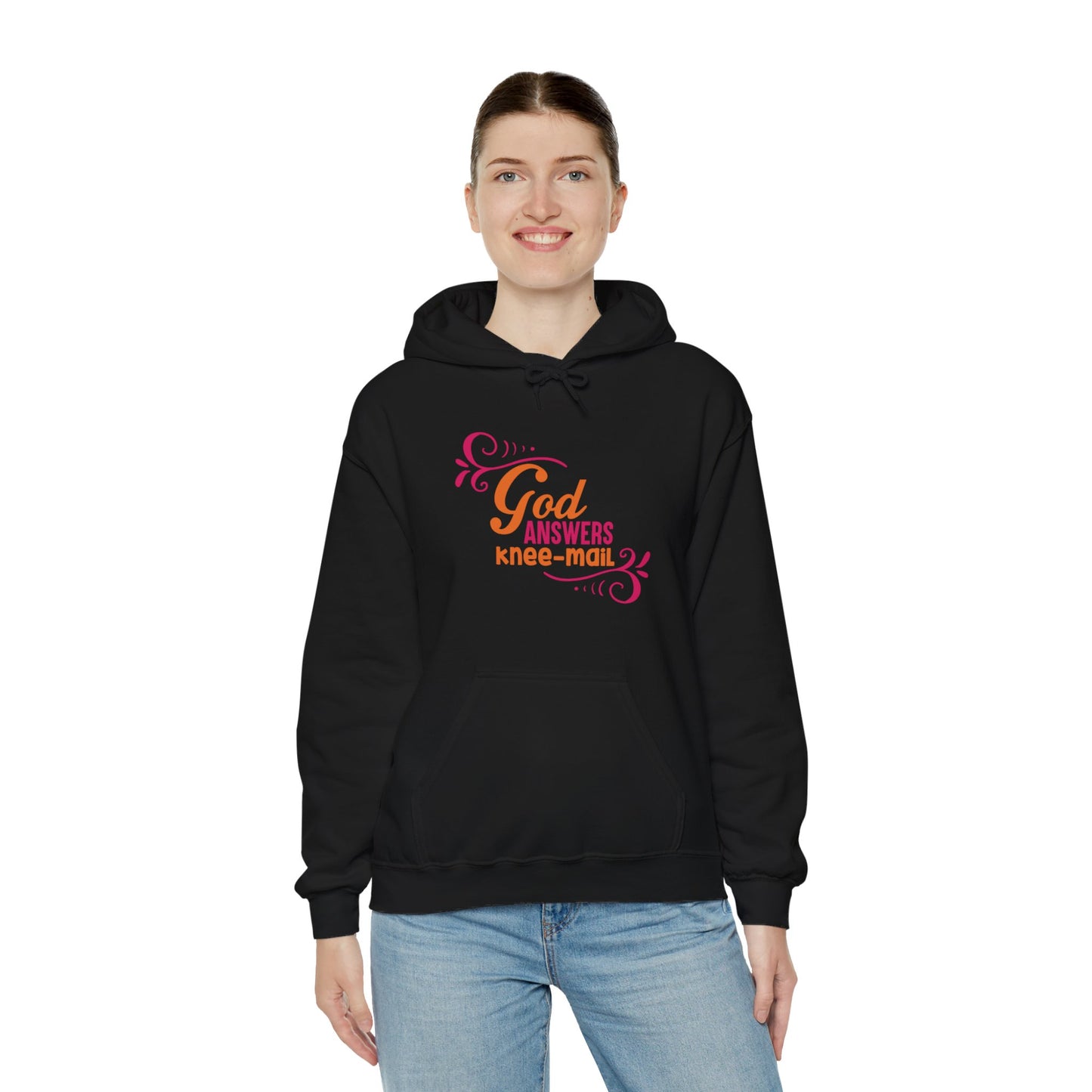 God Answers Knee Mail Funny Unisex Christian Hooded Pullover Sweatshirt