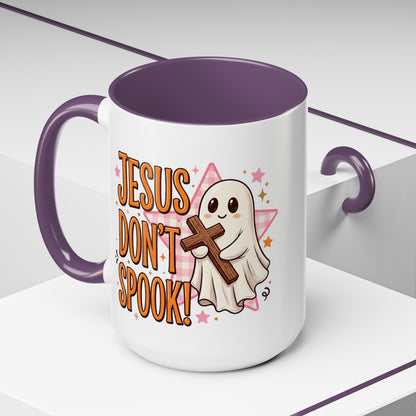 Accent Coffee Mug — "Jesus Don't Spook!" Cute Ghost Christian Coffee Mug (11/15oz)