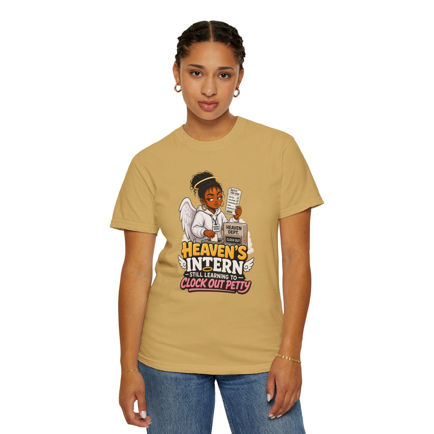 Heaven's Intern T-shirt – Funny Angel Nurse Tee ('Still Learning to Clock Out Petty') - ClaimedbyGodDesigns