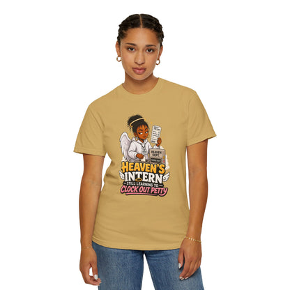 Heaven's Intern T-shirt – Funny Angel Nurse Tee ('Still Learning to Clock Out Petty') - ClaimedbyGodDesigns
