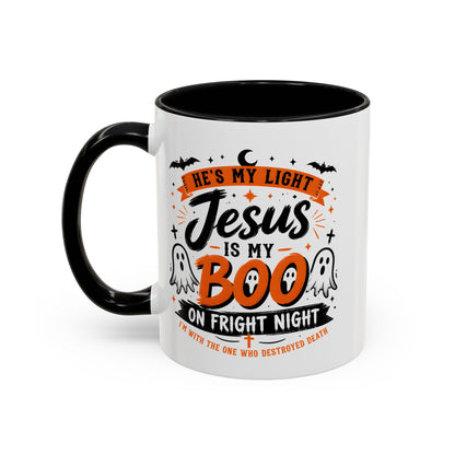 Christian Coffee Mug — "He's My Light, Jesus Is My Boo" Halloween Accent Mug