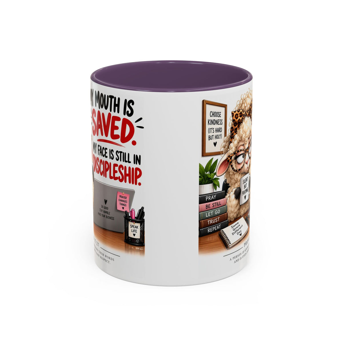 Saved & Sassy Sheep Coffee Mug — "My Mouth Is Saved, My Face Is Still In Discipleship" Accent Mug