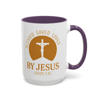 Inspirational Accent Coffee Mug - Blessed, Saved, Loved by Him | John 3:16