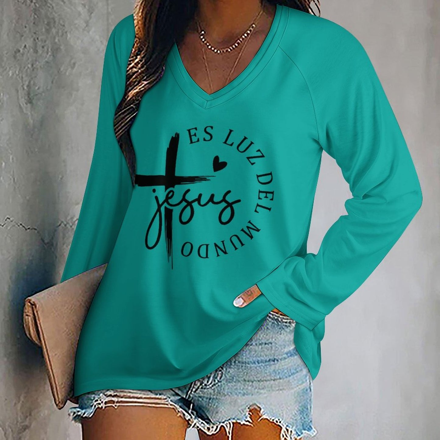 Jesus Es Luz Del Mundo Spanish Christian Women's V-neck Loose Pullover Sweatshirt