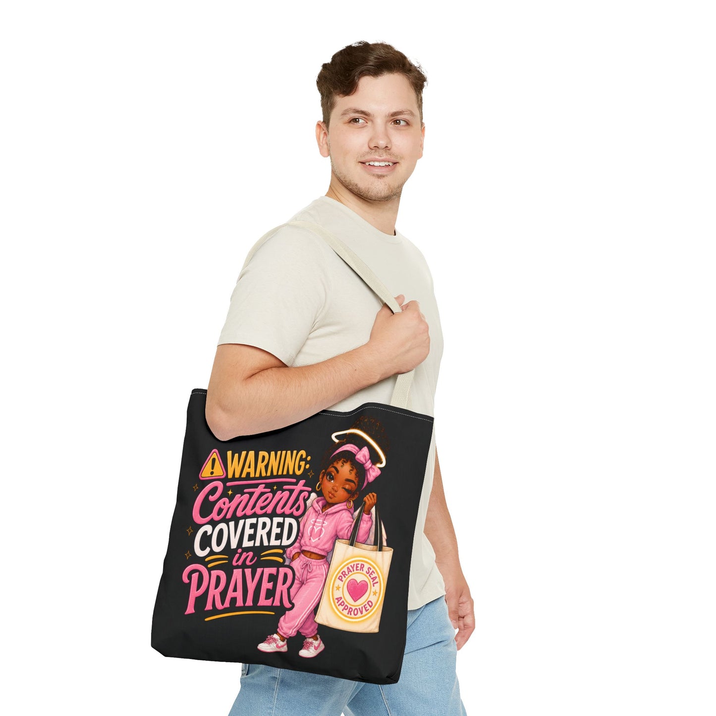 Tote Bag — "Warning: Contents Covered in Prayer" Pink Faith Tote - ClaimedbyGodDesigns