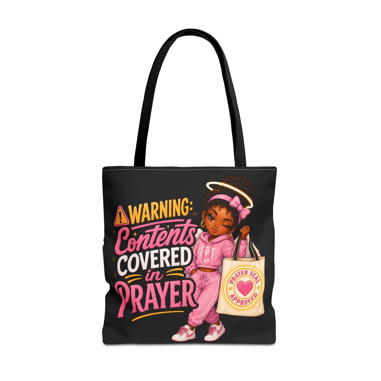 Tote Bag — "Warning: Contents Covered in Prayer" Pink Faith Tote - ClaimedbyGodDesigns