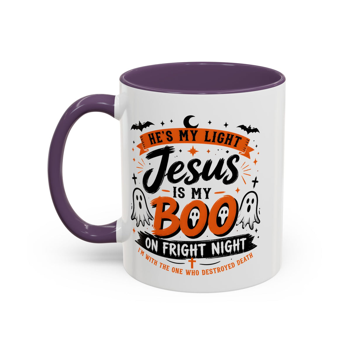 Christian Coffee Mug — "He's My Light, Jesus Is My Boo" Halloween Accent Mug