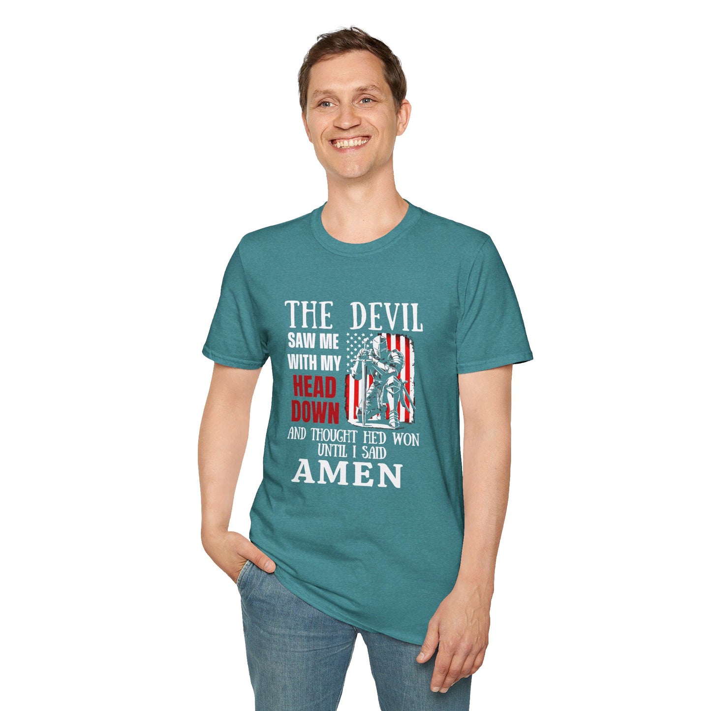 The Devil Saw Me With My Head Down And Thought He'd Won Until I Said Amen American Patriotic Flag Unisex Christian T-shirt