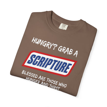 Scripture Snack T-Shirt — "Hungry? Grab a Scripture" Matthew 5:6 Christian Tee