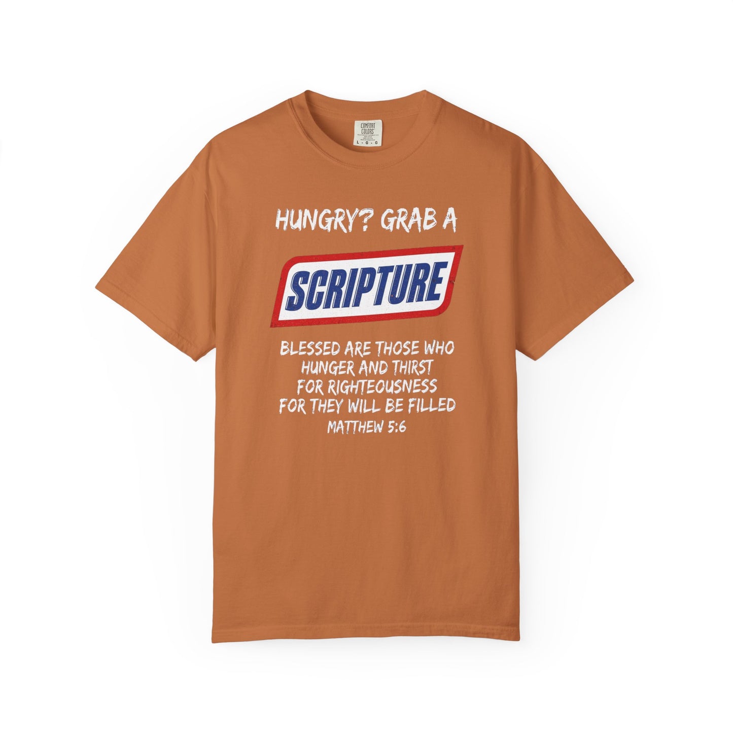 Scripture Snack T-Shirt — "Hungry? Grab a Scripture" Matthew 5:6 Christian Tee