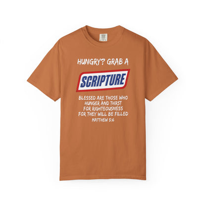 Scripture Snack T-Shirt — "Hungry? Grab a Scripture" Matthew 5:6 Christian Tee