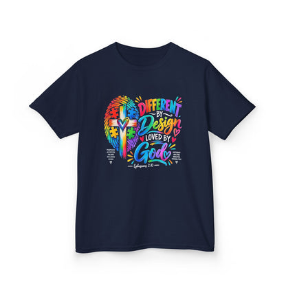 Youth Autism Awareness T-Shirt — "Different by Design, Loved by God" Colorful Cross Tee