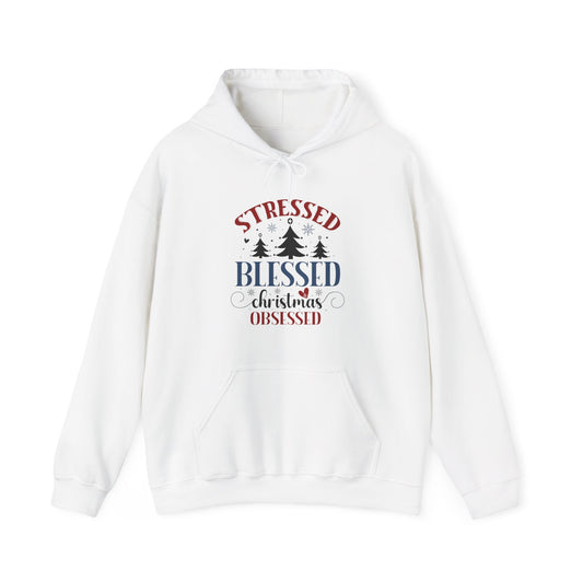 Stressed Blessed Christmas Obsessed Unisex Christian Hooded Pullover Sweatshirt