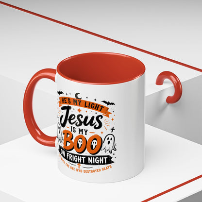 Christian Coffee Mug — "He's My Light, Jesus Is My Boo" Halloween Accent Mug