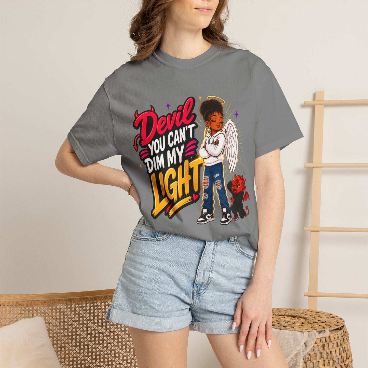 Devil You Can't Dim My Light T-Shirt — Afro Angel Graphic Tee