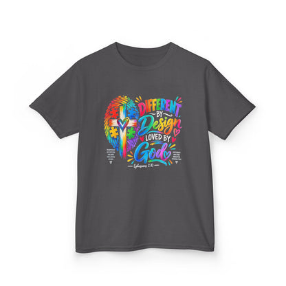Youth Autism Awareness T-Shirt — "Different by Design, Loved by God" Colorful Cross Tee
