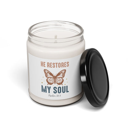 Inspirational Scented Soy Christian Candle - "He Restores My Soul" (Psalm 23:3) - 9oz