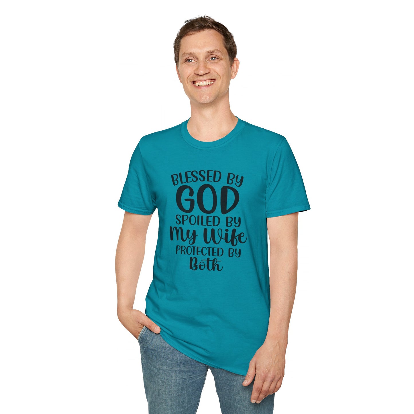 Blessed By God Spoiled By My Wife Protected By Both Men's Christian T-shirt Printify