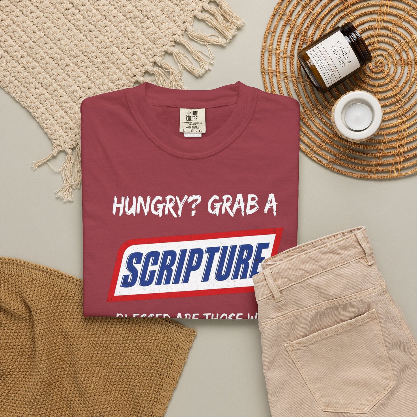Scripture Snack T-Shirt — "Hungry? Grab a Scripture" Matthew 5:6 Christian Tee