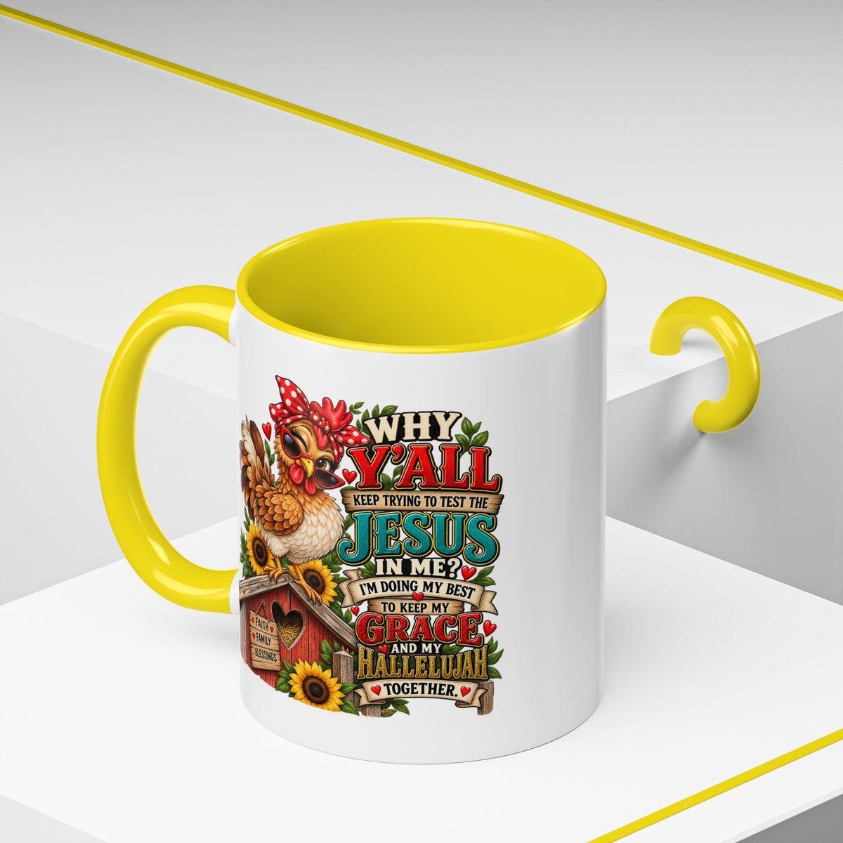 Christian Farmhouse Coffee Mug — "Why Y'all Keep Trying to Put Jesus in Me?" Accent Mug
