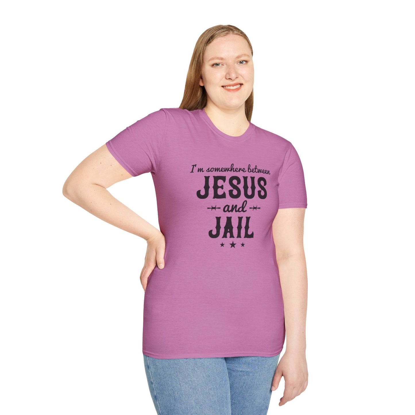 I'm Somewhere Between Jesus And Jail Funny Unisex Christian T-shirt