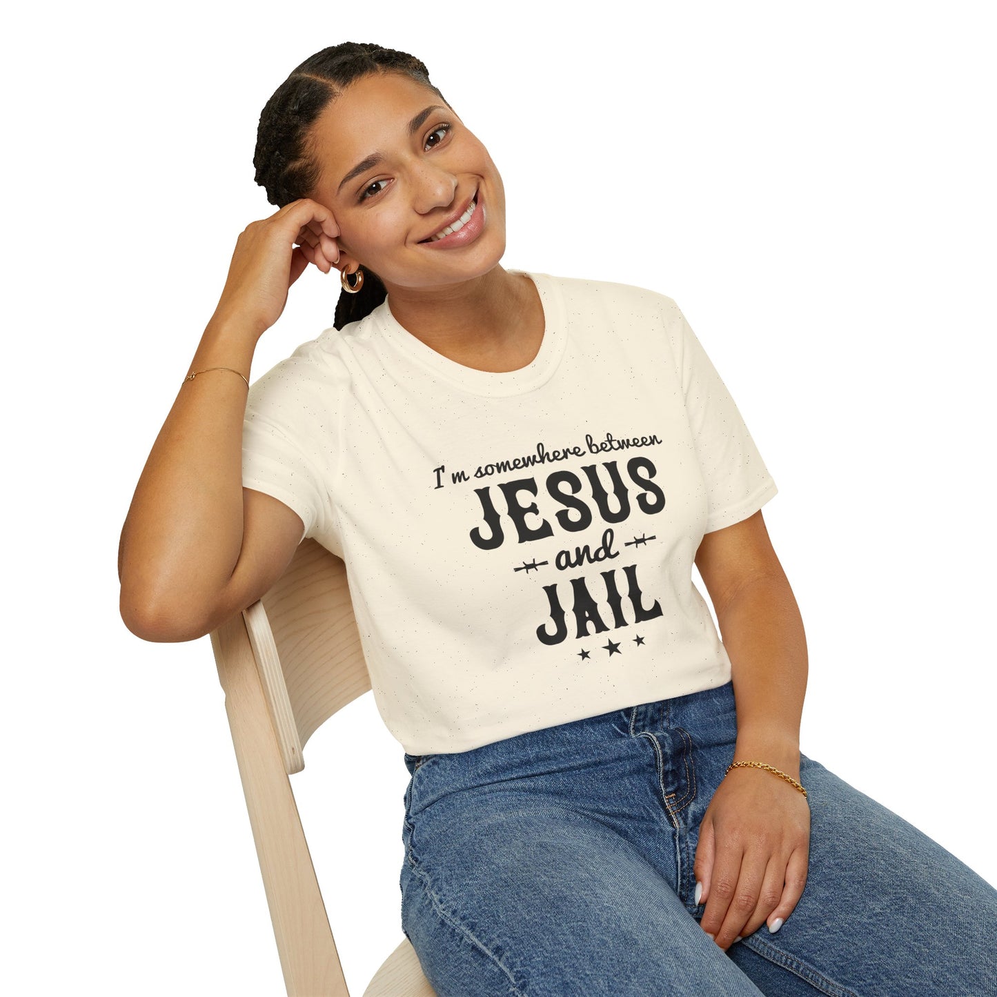 I'm Somewhere Between Jesus And Jail Funny Unisex Christian T-shirt