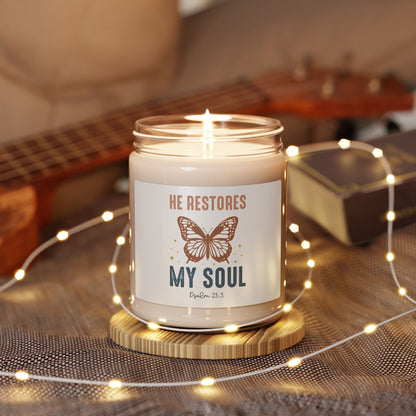 Inspirational Scented Soy Christian Candle - "He Restores My Soul" (Psalm 23:3) - 9oz