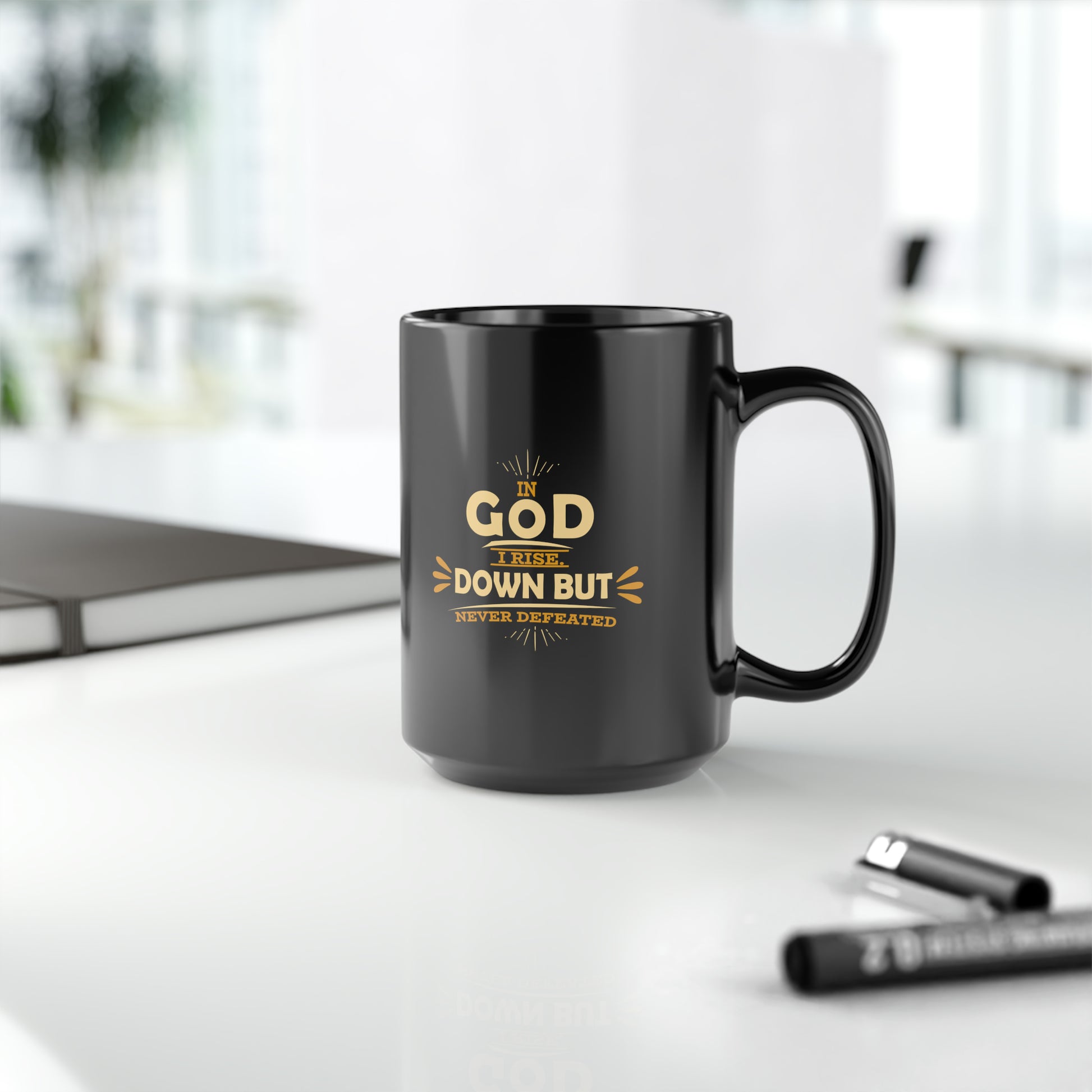 In God I Rise Down But Never Defeated Black Ceramic Mug, 15oz (double sided print) Printify