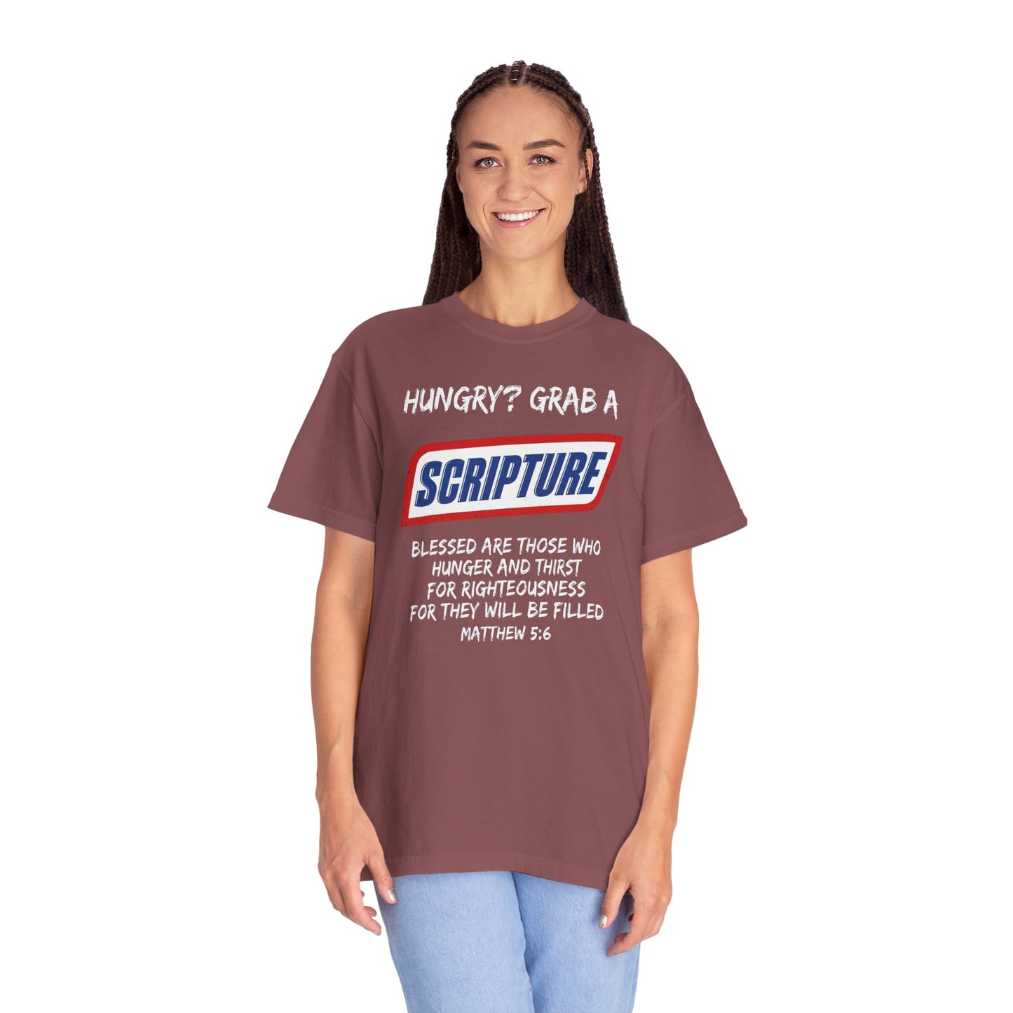 Scripture Snack T-Shirt — "Hungry? Grab a Scripture" Matthew 5:6 Christian Tee