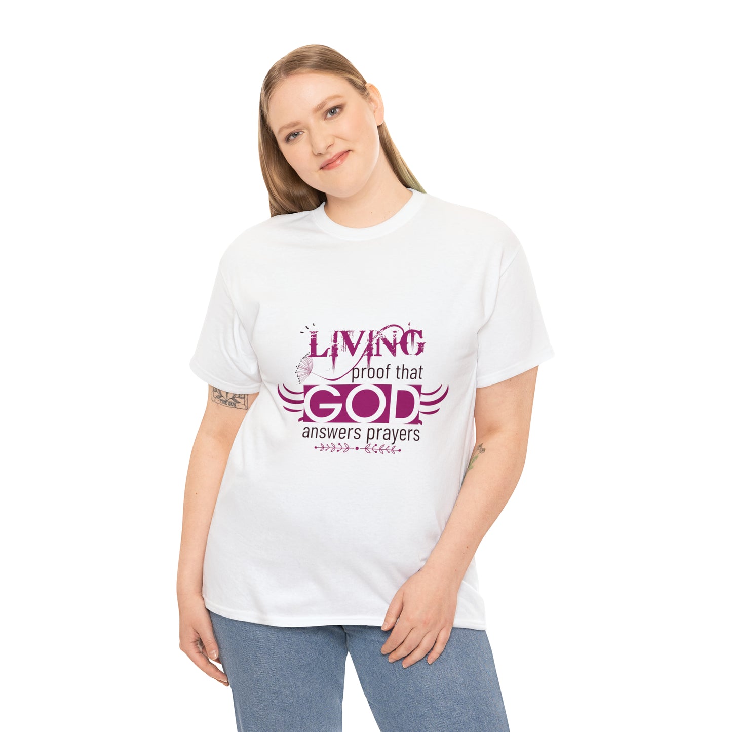 Living Proof That God Answers Prayers Unisex Heavy Cotton Tee