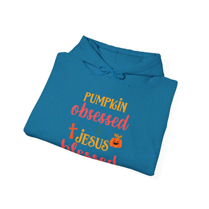 Pumpkin Obsessed And Blessed by Him Halloween Unisex Christian Pullover Hooded Sweatshirt