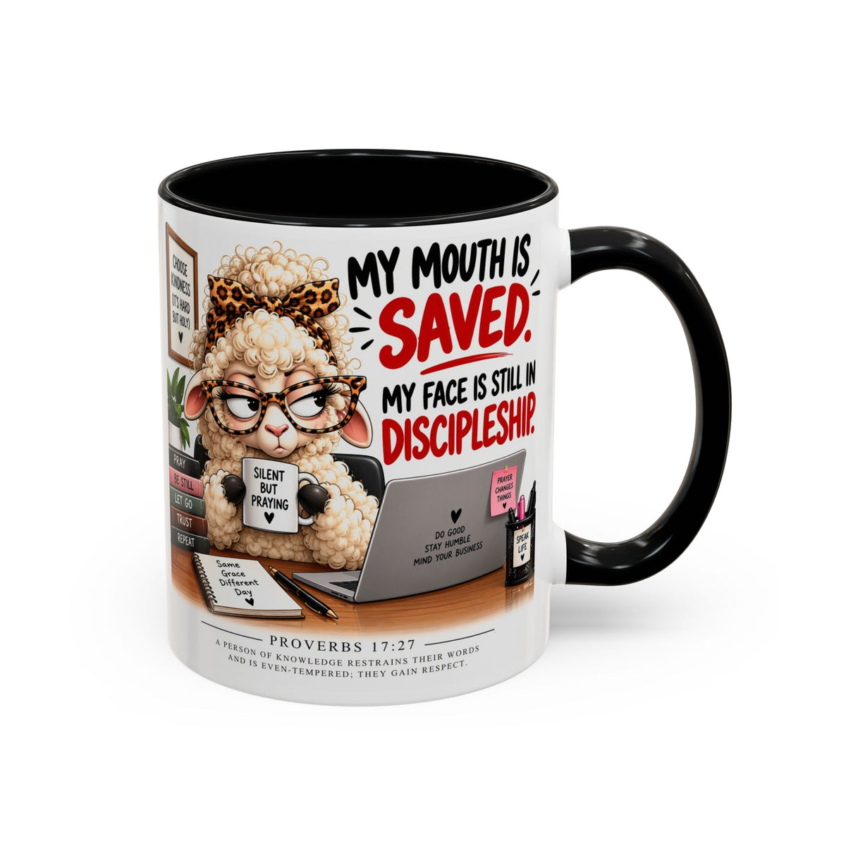 Saved & Sassy Sheep Coffee Mug — "My Mouth Is Saved, My Face Is Still In Discipleship" Accent Mug