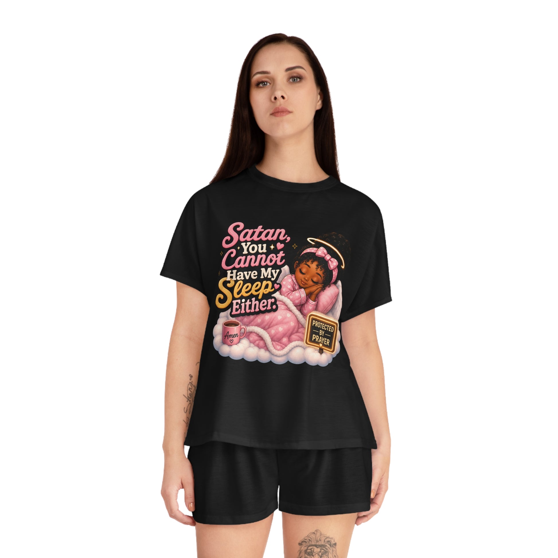 Christian Women's Pajama Set - "Satan You Cannot Have My Sleep Either" Cute Prayer Angel Sleepwear - ClaimedbyGodDesigns