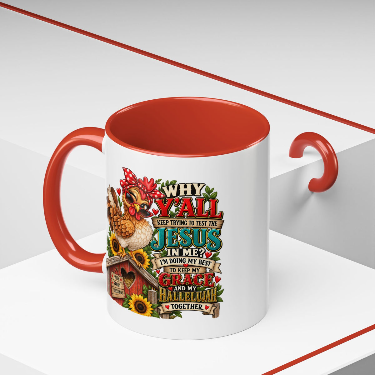 Christian Farmhouse Coffee Mug — "Why Y'all Keep Trying to Put Jesus in Me?" Accent Mug