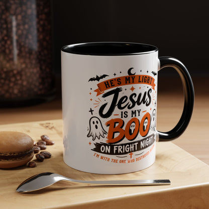 Christian Coffee Mug — "He's My Light, Jesus Is My Boo" Halloween Accent Mug