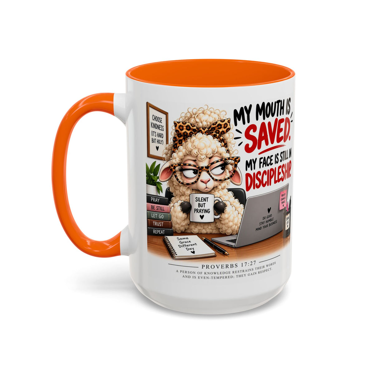 Saved & Sassy Sheep Coffee Mug — "My Mouth Is Saved, My Face Is Still In Discipleship" Accent Mug