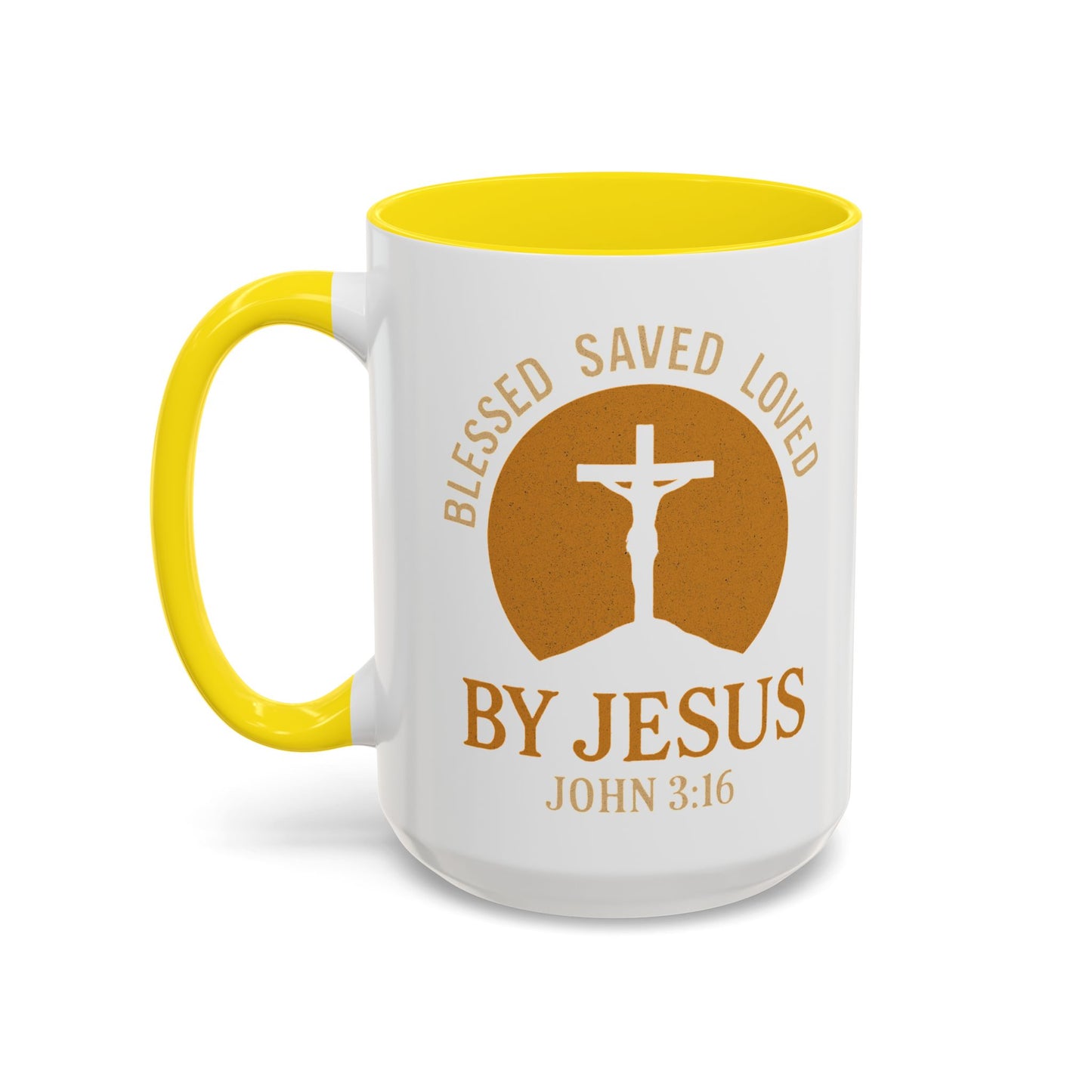 Inspirational Accent Coffee Mug - Blessed, Saved, Loved by Him | John 3:16