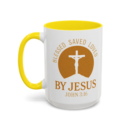 Inspirational Accent Coffee Mug - Blessed, Saved, Loved by Him | John 3:16
